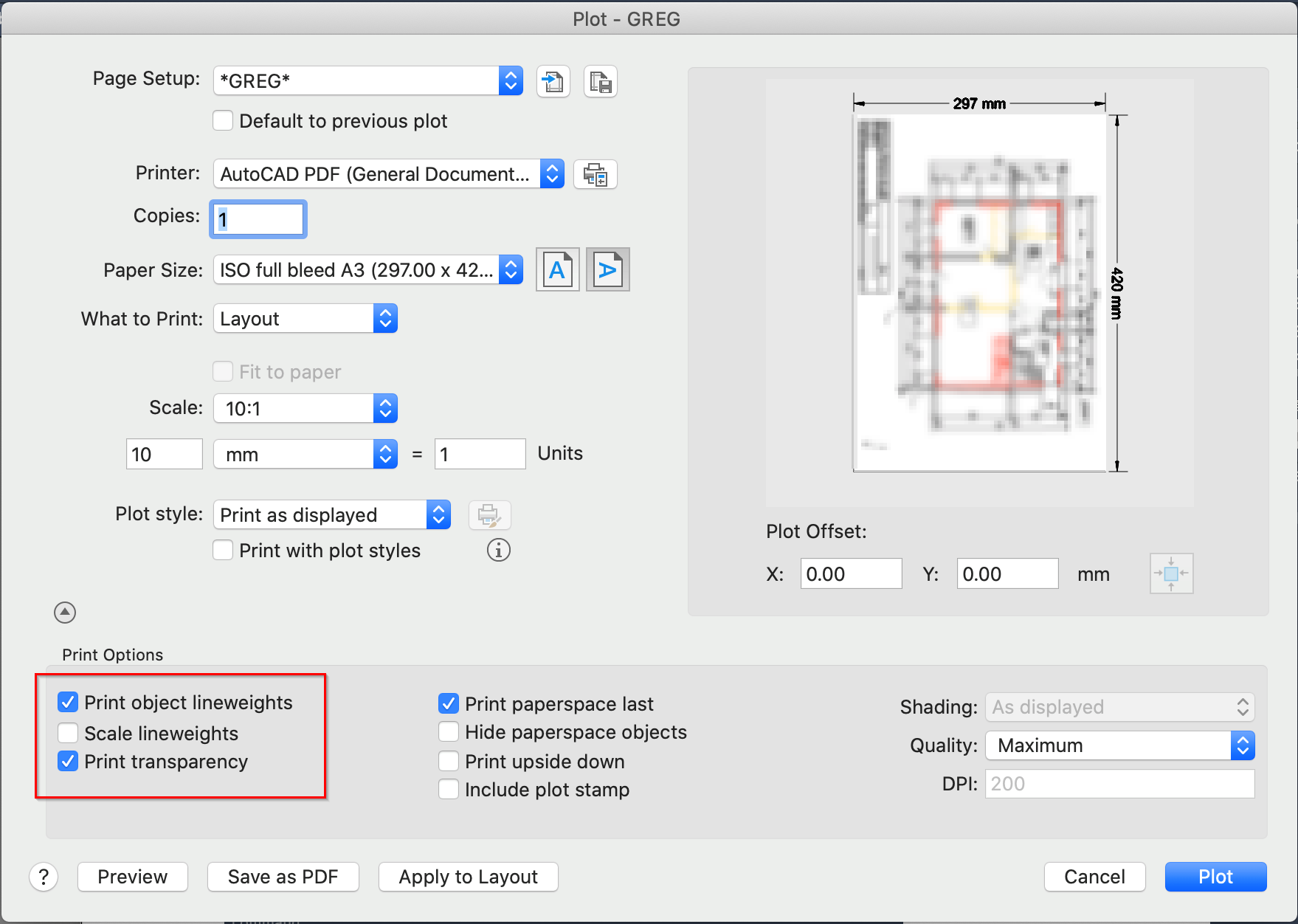 AutoCAD LT for Mac を使用して PDF を印刷すると、薄い線や低品質な線