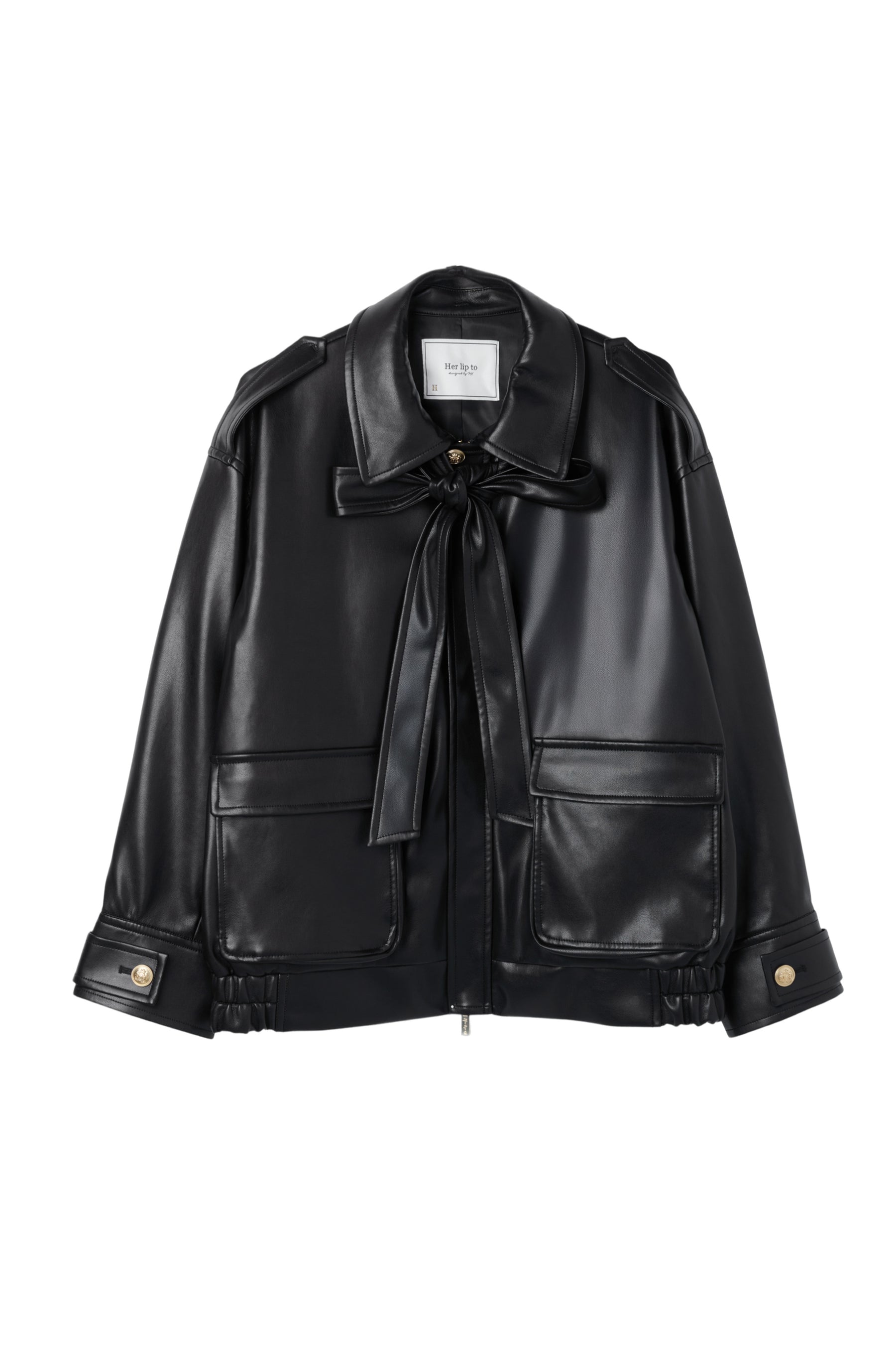 Ribbon-Tie Faux Leather Jacket
