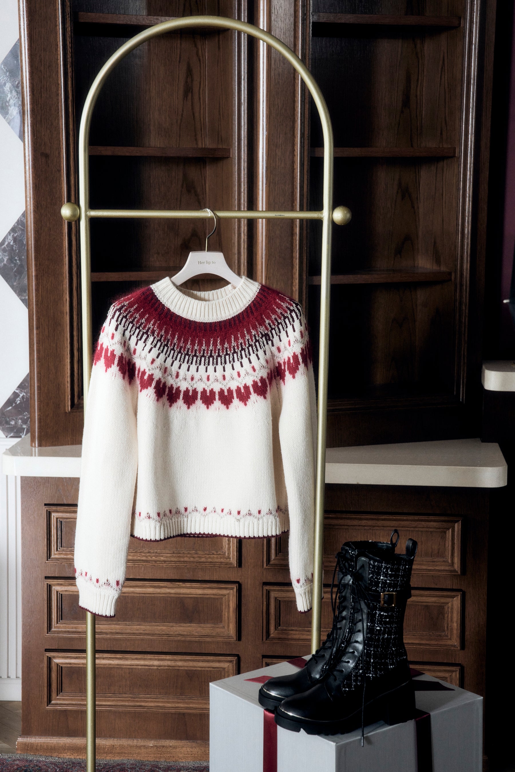 red】Heart Fair Isle Knit Pullover