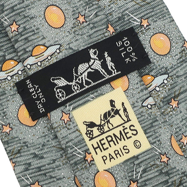エルメス HERMES 惑星 UFO 9cm グレー×オレンジ シルク ネクタイ 灰色