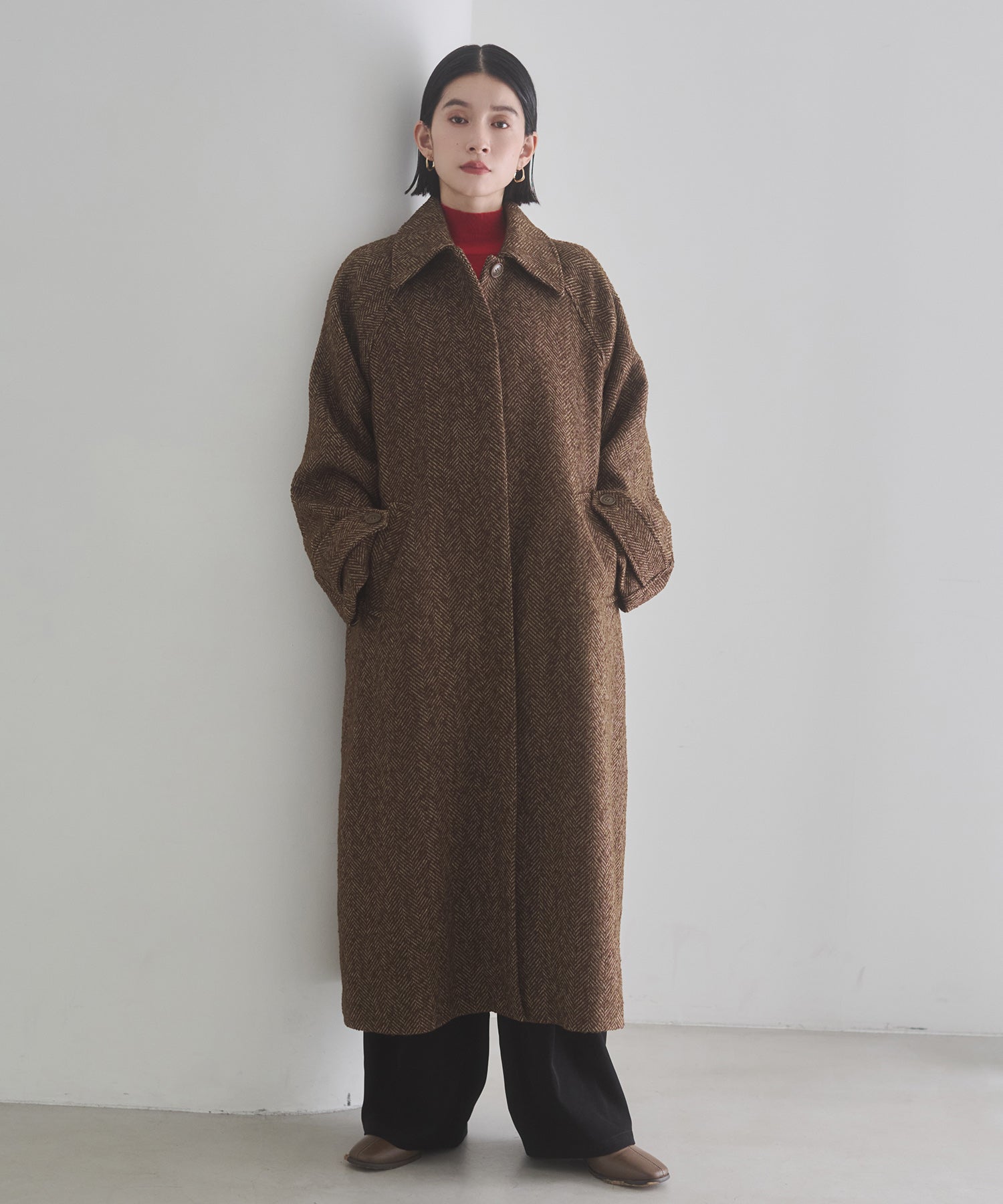 ヘルノ ステンカラーコート アウター ウール混 ヘリンボーン ベーシュ