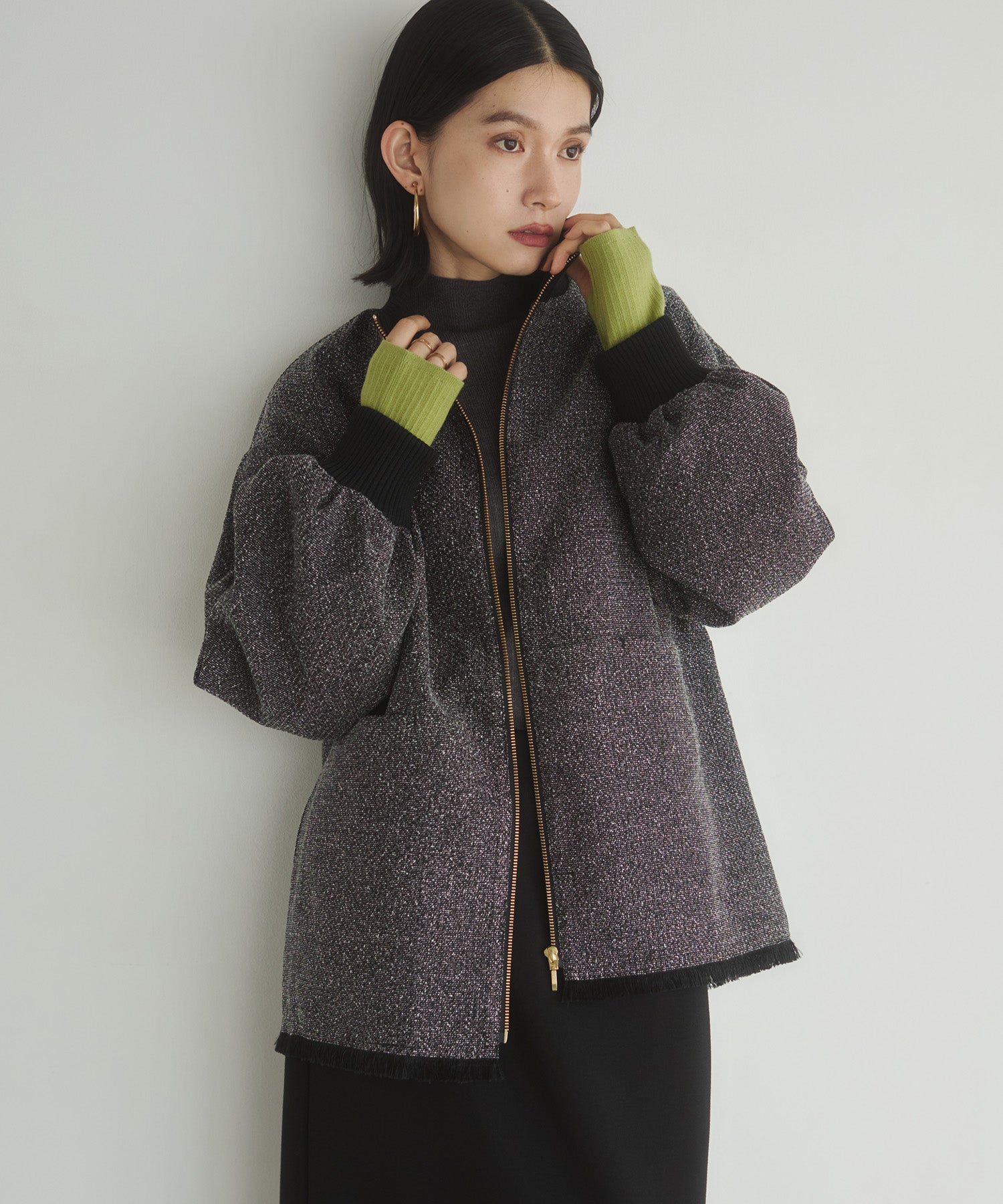 スタンドカラー ツィードブルゾン