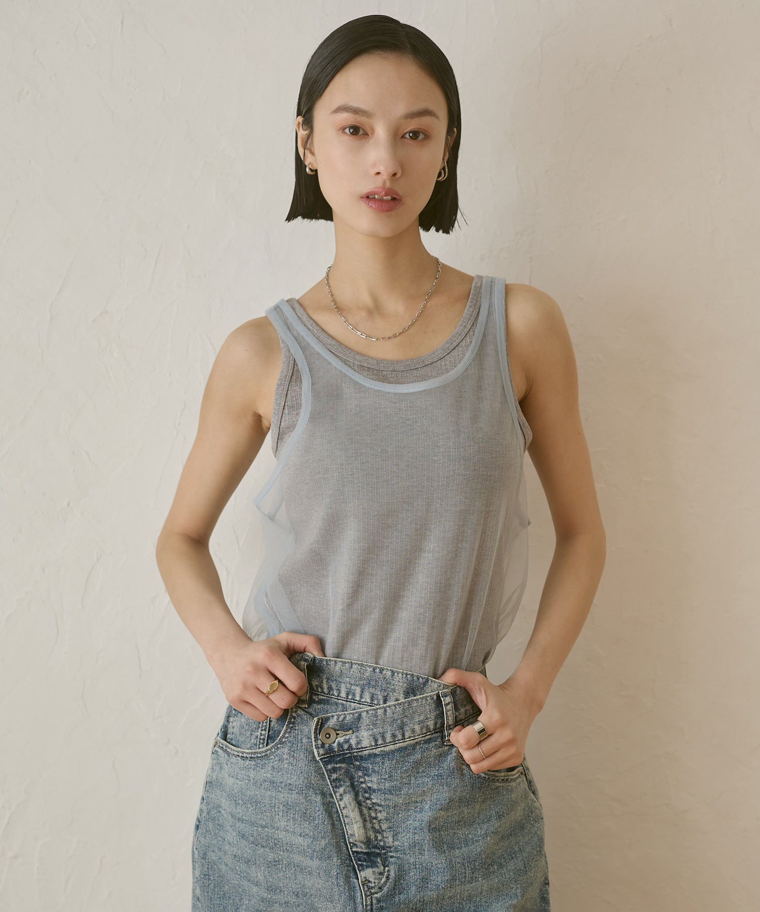 チュールレイヤード リブタンクトップ