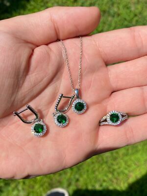 Real 925 Silver Green Stone CZ Ring Pendant Necklace Earrings