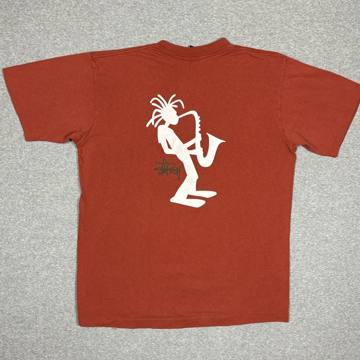 Vintage Stussy T Shirt Mens Size Large Clay Red Saxophone Rasta