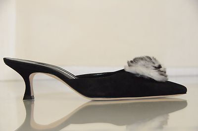 New MANOLO BLAHNIK Black chinchilla FUR Rosette Lisa Slide SHOES