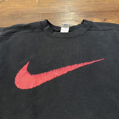 VINTAGE Nike Big Red Center Check Swoosh Black Sweatshirt XXL