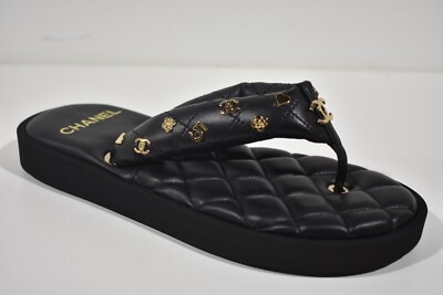 Chanel 23P Black Quilted Charms Padded Pool Thong Logo Mule Slide