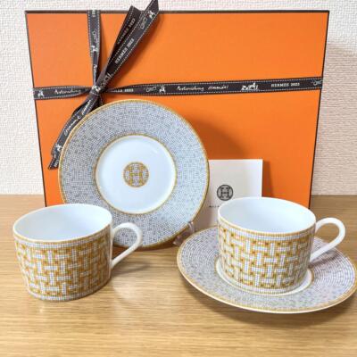 HERMES Mosaique Au 24 Tea Cup Saucer Tableware 2 set Gold | eBay
