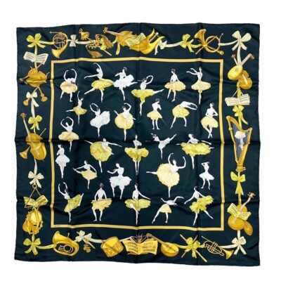HERMES Carre 90 LA DANCE Ballerina Scarf 100% Silk 90cm Black Gold