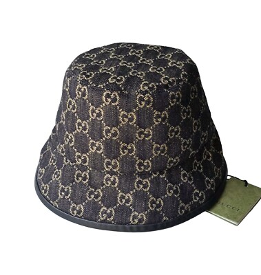 Gucci Bucket Hat Black Beige Denim GG Monogram Logo Leather Trim
