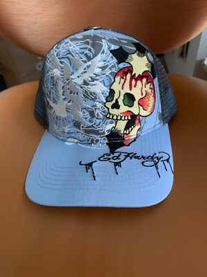 Ed Hardy Tattoo Skull Hat Flames Blue Gray White Snapack