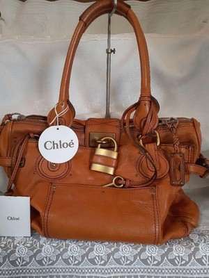 Chloe Paddington Leather Tote Bag Camel Lock Charm Large Size New