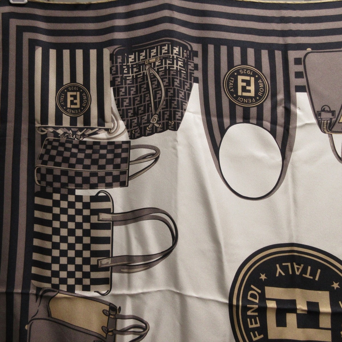 FENDI large scarf Silk square Scarf 86cm 33″ logo beige black