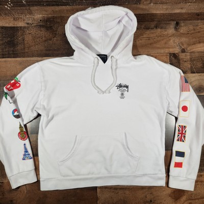 Stussy Hoodie Womens Medium White Sweatshirt World Tour Flags | eBay