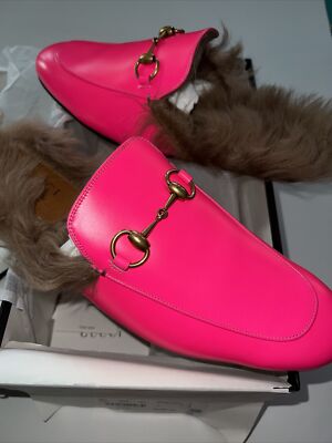 NIB Men's GUCCI Princetown Mules Fur Lined Leather Slipper Fuchsia