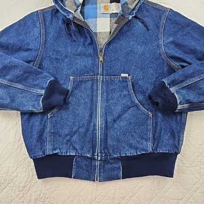 VTG Carhartt Denim Duck Full Zip Hoodie Jacket Blanket Lined Size