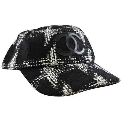Chanel REV Black White Tweed Check CC Logo Baseball Cap Curved