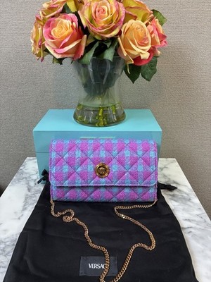 NWT Authentic Versace Pink Purple Blue Wool Tweed Checkered WOC