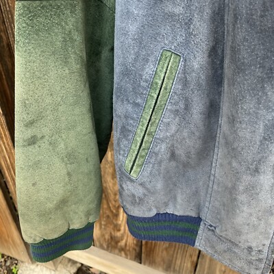 🕶️🛹 Vintage 90s green and blue suede patchwork bomber jacket