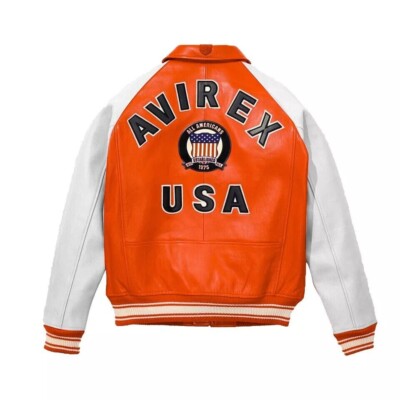 Men's Avirex Orange White Bomber Jacket | Flight Jacket | Cow