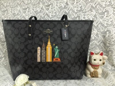 COACH F57616 NYC SKYLINE CITY ZIP TOTE IN SIGNATURE SILVER/BLACK