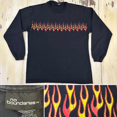 NO BOUNDARIES - Vtg 90s-Y2K Chest Stripe 2-Sided Flame Fire T