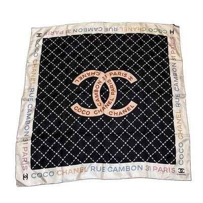 CHANEL 90 Silk Scarf Coco Mark Logo Check Pattern Black Luxury