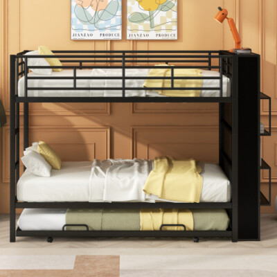 Heavy Duty Bunk Beds with Trundle & Big Bookshelf Metal Bed Frames