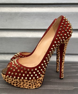 CHRISTIAN LOUBOUTIN Red Suede Gold Studded Spike Peep Toe Platform