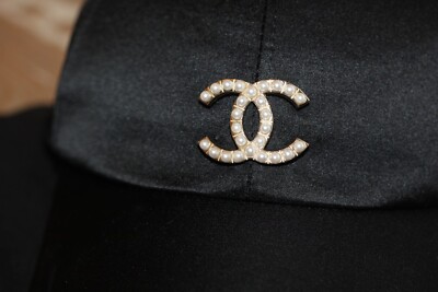 CHANEL Baseball Hat Cap Silk Faux Pearl CC Mark (one size) Black