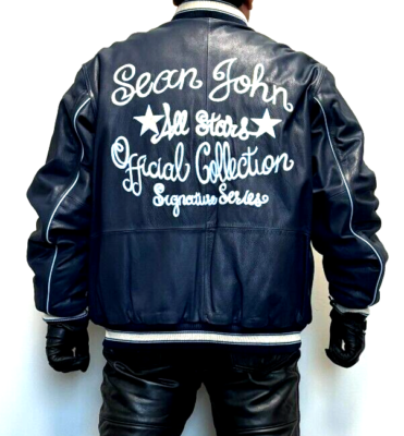 Sean John Blue Letterman Style Leather Jacket Size 2XL | eBay