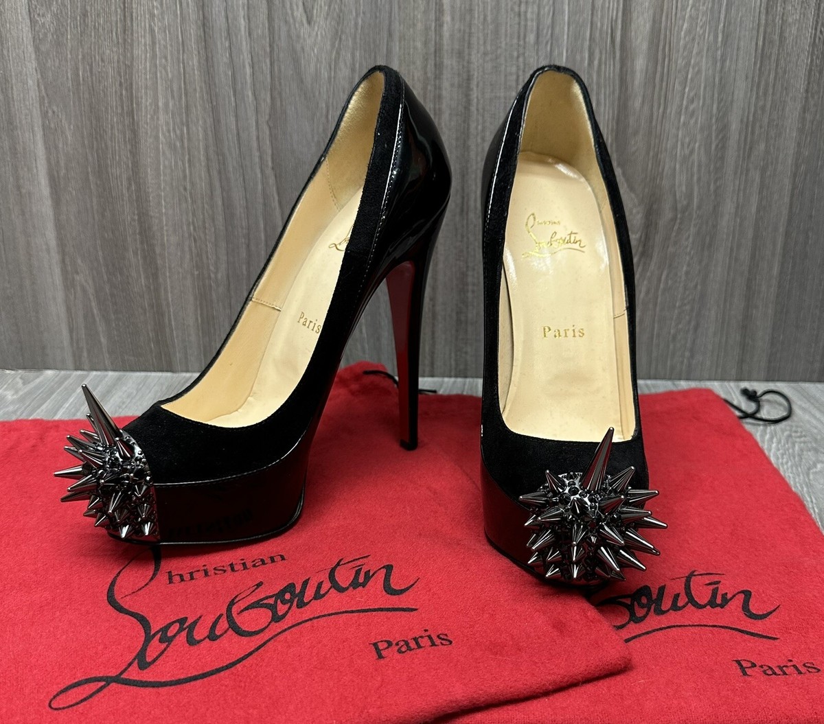 Christian Louboutin Asteroid Spikes Black Patent Leather & Suede