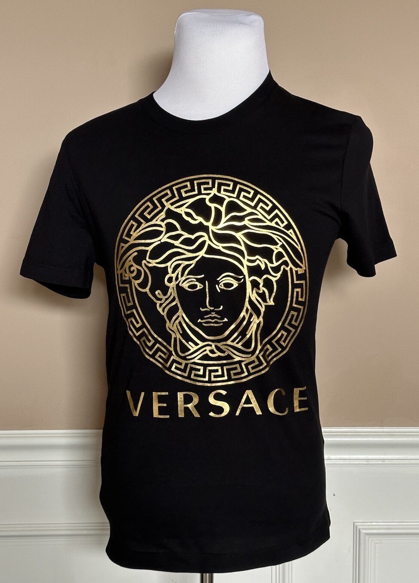 Versace Gold Medusa Print Black Cotton Jersey T-Shirt XS A89497S