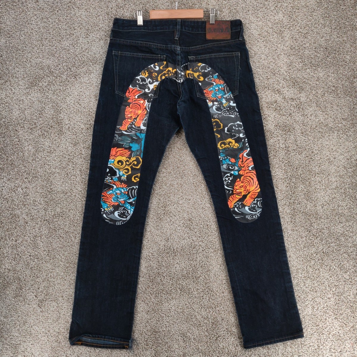 Evisu Jeans 34x34 Dark Blue Denim Painted Tiger Dragon Osaka Japan