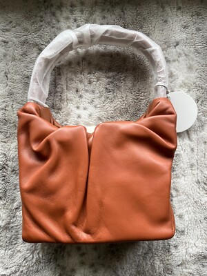 STAUD The Felix Bag Ruched Leather Top Handle in Tan Brown MSRP
