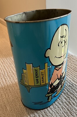 1969 Vintage Peanuts Cheinco Blue Metal Trash Can - Snoopy
