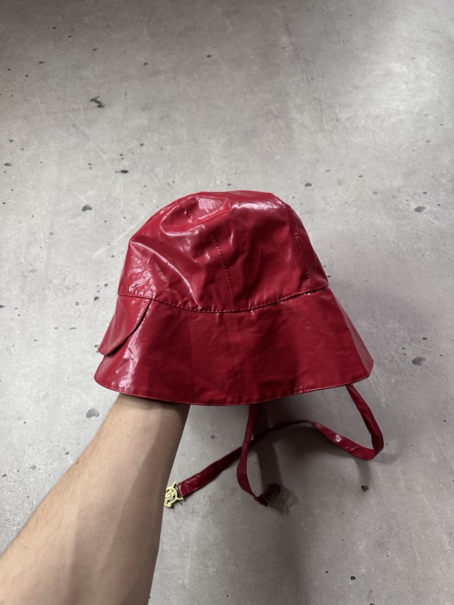 Vintage Moncler Red Bucket Hat with Logo Patch and Chin Straps