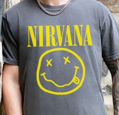 Nirvana Smiley Logo T-Shirt 90s Rock Band Vintage Black Comfort