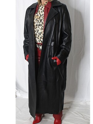 Womens Wilsons Leather Trench Coat Black M Long SOFT Lambskin