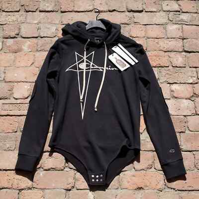 Brand New] Rick Owens x Champion Black Snap-Button Bodysuit Hoodie