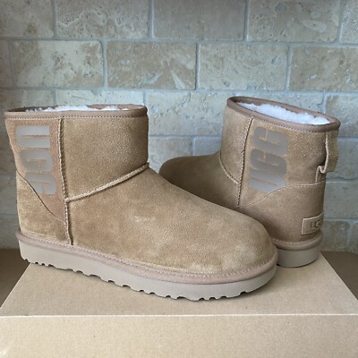 UGG Classic Mini Rubber Logo Chestnut Suede Sheepskin Ankle Boots