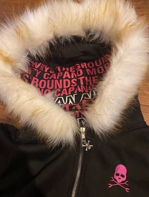 Y2K Faux Fur Skull Alt Emo 2000s Grunge Style Hoodie Jacket Gothic