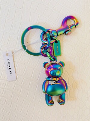 COACH Bear Keychain Key Ring Fob Metal Bag Charm Hologram
