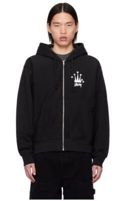 🔥NWT Stussy Black Regal Crown Zip Hood Hoodie Men's Size M Black