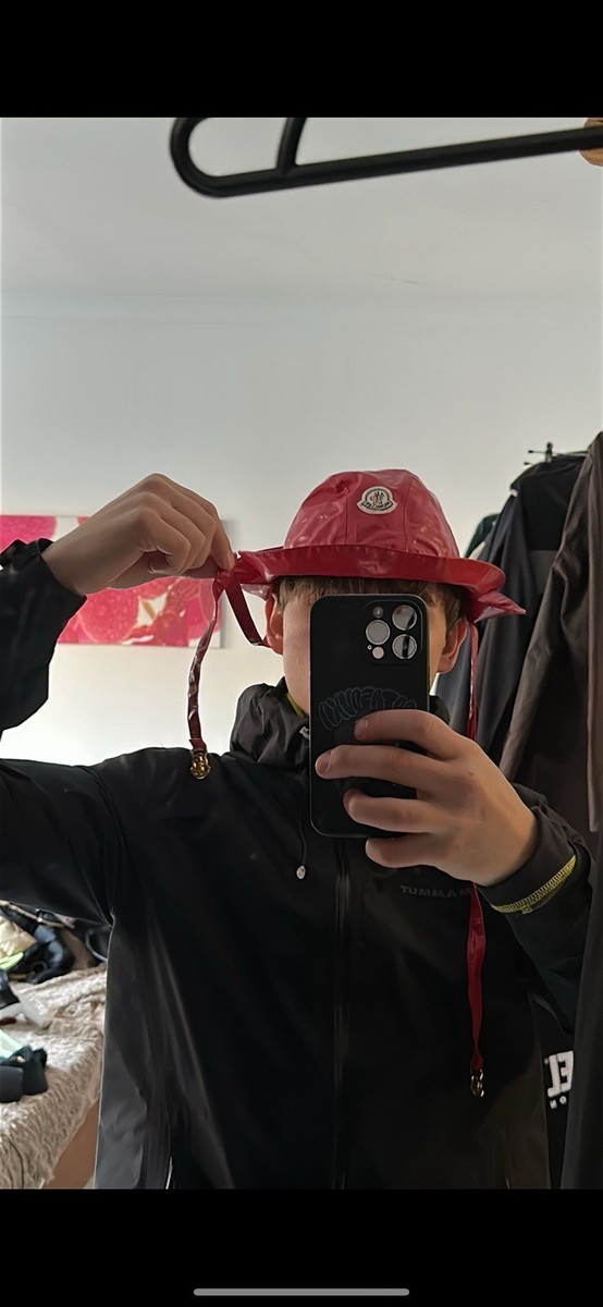 Vintage Moncler Red Bucket Hat with Logo Patch and Chin Straps
