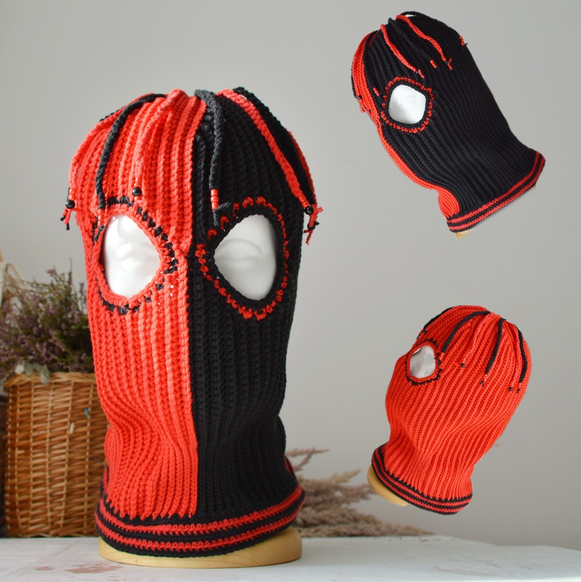 Custom knitted black red balaclava ski mask dreadlocks women men