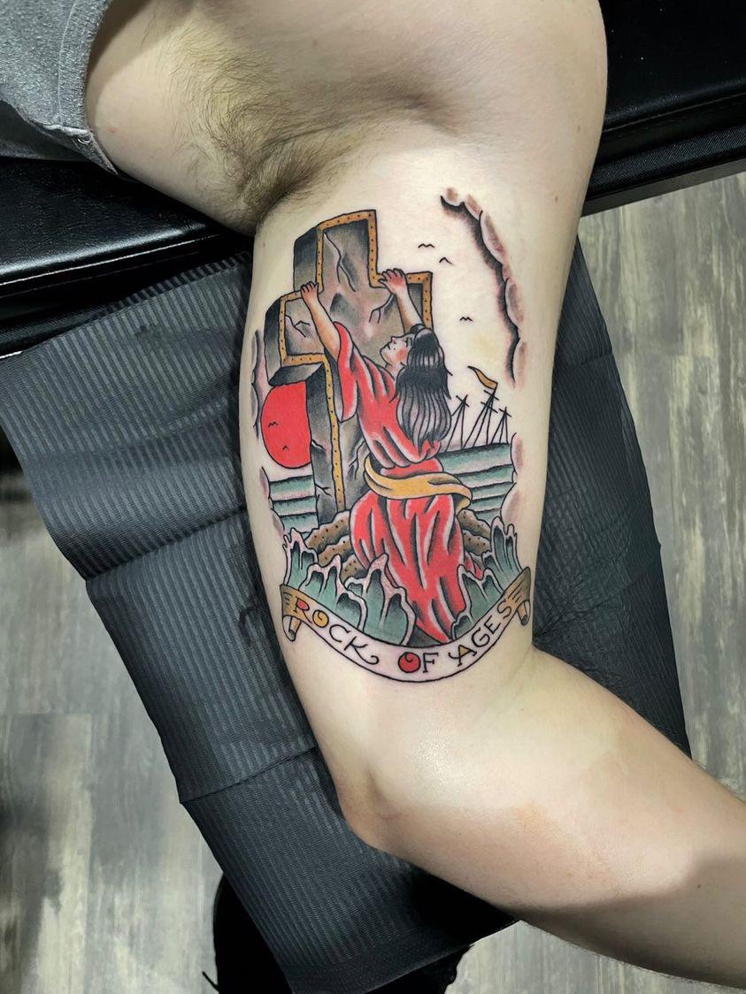 Rock of Ages done by Ryan Wheaton of Ghost Town Tattoo Co. in