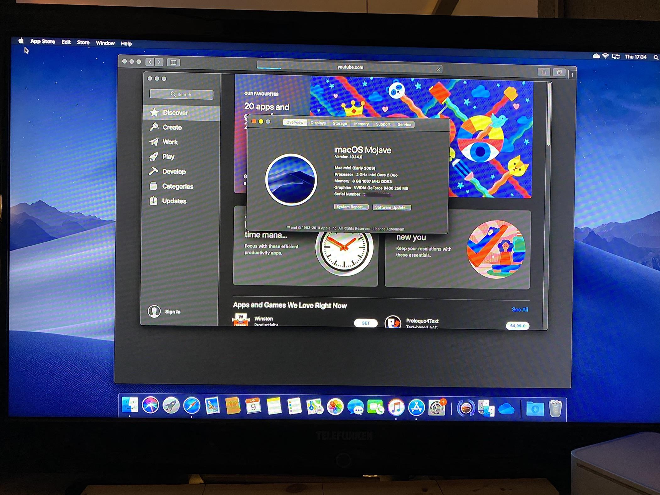 My Early 2009 MacMini [ 8gb ram and SSD ] running Mojave