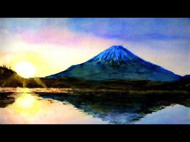 富士山・本栖湖の日の出（透明水彩風景画） Sunrise at Mt.Fuji